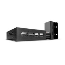 Imagen del Lindy ampliador de red, modelo 42681, incluyendo el transmisor y receptor de color negro. Amplifica la conectividad para portátiles y otros dispositivos.