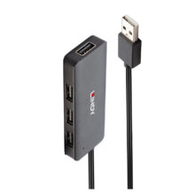 Imagen del hub de interfaz USB 2.0 modelo 42986 de la marca Lindy, color negro, con una velocidad de transferencia de 480 Mbit/s.