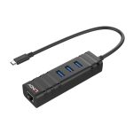 Imagen del hub Lindy 43249 USB 3.2 Gen 1 Type-C 5000 Mbit/s en color negro, adaptador completo.