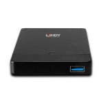 Imagen de la caja para disco duro externo de 2.5 pulgadas, color negro, modelo Lindy 43331. Ideal para discos duros y SSD.