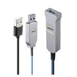 Cable USB Marca Lindy, modelo 43345, USB 3.2 Gen 1 (3.1 Gen 1), longitud de 30 metros, conectores USB A a USB A, colores azul y plata.