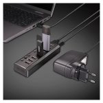 Imagen del Lindy 43371, un hub de interfaz USB 3.2 Gen 1 Type-B con una velocidad de transferencia de 5000 Mbit/s en color negro