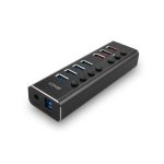 Imagen del Lindy 43371, un hub de interfaz USB 3.2 Gen 1 Type-B con una velocidad de transferencia de 5000 Mbit/s en color negro