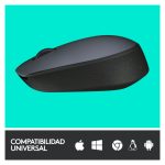 Imagen del ratón Logitech M170 en gris, diseño ambidextro, RF inalámbrico, óptico, con 1000 DPI. SKU 910-004642
