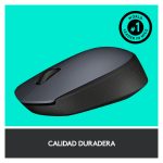 Imagen del ratón Logitech M170 en gris, diseño ambidextro, RF inalámbrico, óptico, con 1000 DPI. SKU 910-004642