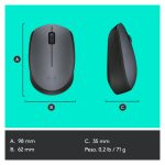 Imagen del ratón Logitech M170 en gris, diseño ambidextro, RF inalámbrico, óptico, con 1000 DPI. SKU 910-004642