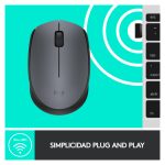 Imagen del ratón Logitech M170 en gris, diseño ambidextro, RF inalámbrico, óptico, con 1000 DPI. SKU 910-004642