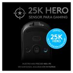 Vista lateral del ratón inalámbrico Logitech G modelo 910-005273, diseñado para juego con sensor óptico de 25600 DPI y uso ambidiestro.