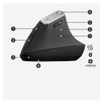 Vista lateral del Ratón Logitech MX Vertical, modelo 910-005448, diseño ergonómico para reducir la tensión en la muñeca.