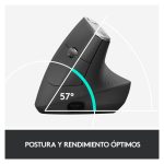 Vista lateral del Ratón Logitech MX Vertical, modelo 910-005448, diseño ergonómico para reducir la tensión en la muñeca.