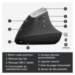 Vista lateral del Ratón Logitech MX Vertical, modelo 910-005448, diseño ergonómico para reducir la tensión en la muñeca.