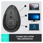 Vista lateral del Ratón Logitech MX Vertical, modelo 910-005448, diseño ergonómico para reducir la tensión en la muñeca.