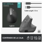 Vista lateral del Ratón Logitech MX Vertical, modelo 910-005448, diseño ergonómico para reducir la tensión en la muñeca.