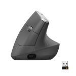 Vista lateral del Ratón Logitech MX Vertical, modelo 910-005448, diseño ergonómico para reducir la tensión en la muñeca.