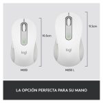 Vista frontal del Logitech Signature M650 L para Business, ratón inalámbrico blanco, diseñado para manos grandes, con tecnología Logi Bolt y SmartWheel. SKU 910-006349.