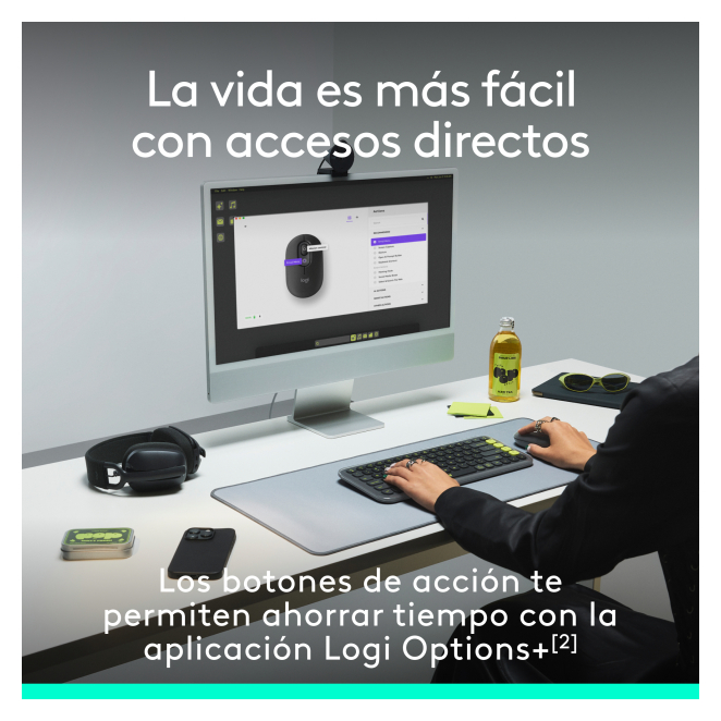 Logitech POP Mouse, ratón inalámbrico Bluetooth compacto y portátil con botones programables y clics discretos, tecnología Easy-Switch para alternar hasta 3 dispositivos, portátil, tablet, PC: Blanco 4 Logitech POP Mouse siendo usado cómodamente en un escritorio