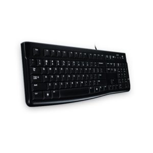 Vista del Logitech Teclado K120 para Negocios, conexión USB, disposición QWERTZ alemana, color negro. SKU: 920-002516.