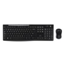 Combo de teclado y ratón inalámbricos Logitech MK270, SKU 920-004526, destacando su conectividad fiable y diseño ergonómico.