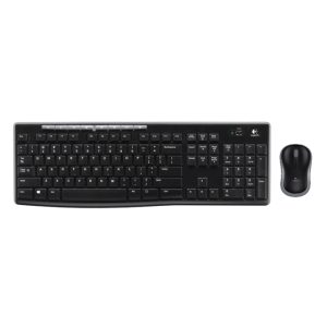 Combo de teclado y ratón inalámbricos Logitech MK270, SKU 920-004526, destacando su conectividad fiable y diseño ergonómico.