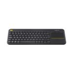 Logitech K400 Plus, teclado inalámbrico con touchpad integrado, SKU 920-007143. Diseño compacto en color negro con teclas multimedia.