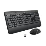 Teclado Logitech 920-008685 con ratón incluido, diseño universal USB, disposición QWERTY Internacional de EE.UU., en color negro y blanco.