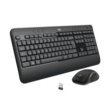 Teclado Logitech 920-008685 con ratón incluido, diseño universal USB, disposición QWERTY Internacional de EE.UU., en color negro y blanco.