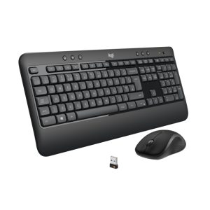 Teclado Logitech 920-008685 con ratón incluido, diseño universal USB, disposición QWERTY Internacional de EE.UU., en color negro y blanco.