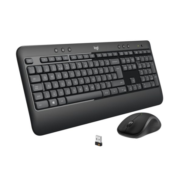 Teclado Logitech 920-008685 con ratón incluido, diseño universal USB, disposición QWERTY Internacional de EE.UU., en color negro y blanco.