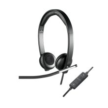 Auriculares Logitech 981-000519 alámbricos con diseño de diadema, color negro y plata, ideales para oficinas y centros de llamadas. Conexión USB tipo A.