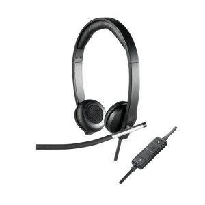 Auriculares Logitech 981-000519 alámbricos con diseño de diadema, color negro y plata, ideales para oficinas y centros de llamadas. Conexión USB tipo A.