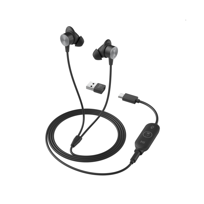 Logitech Zone Earbuds con micrófono integrado Auriculares intrauditivos Logitech Zone Wired, micrófono integrado y control de volumen, SKU 981-001009