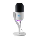Imagen del micrófono dinámico Logitech G Yeti GX en color blanco, con conectividad USB, patrón de captura supercardioide, RGB LIGHTSYNC y Plug and Play, SKU 988-000576