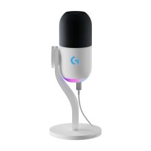 Imagen del micrófono dinámico Logitech G Yeti GX en color blanco, con conectividad USB, patrón de captura supercardioide, RGB LIGHTSYNC y Plug and Play, SKU 988-000576