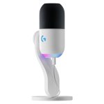 Imagen del micrófono dinámico Logitech G Yeti GX en color blanco, con conectividad USB, patrón de captura supercardioide, RGB LIGHTSYNC y Plug and Play, SKU 988-000576