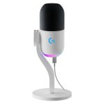 Imagen del micrófono dinámico Logitech G Yeti GX en color blanco, con conectividad USB, patrón de captura supercardioide, RGB LIGHTSYNC y Plug and Play, SKU 988-000576