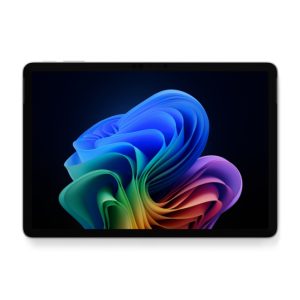 Imagen del Microsoft Surface Pro 12 en color platino, equipado con procesador Qualcomm Snapdragon, 256GB de almacenamiento, 16GB de RAM y Wi-Fi 7. Modelo EP2-27187.