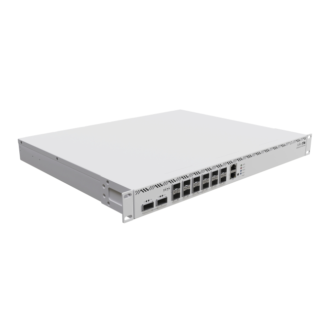 Mikrotik router Gigabit Ethernet con 12XS y 2XQ Router Gigabit Ethernet Mikrotik modelo CCR2216-1G-12XS-2XQ con diseño en color plata y especificaciones avanzadas para alta capacidad de redes.