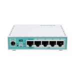 Mikrotik hEX router Gigabit Ethernet blanco con 5 puertos, ideal para redes de alta velocidad. SKU: E50UG