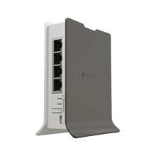 Imagen del router inalámbrico Mikrotik hAP ax lite LTE6, gris y blanco, con conectividad Gigabit Ethernet y banda única de 2.4 GHz. SKU: L41G-2axD&FG621-EA