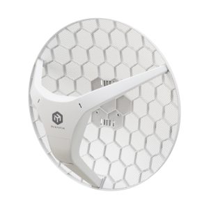 Vista del Mikrotik LHG 5 ax, un dispositivo de redes inalámbricas que soporta hasta 1200 Mbit/s y es compatible con PoE. SKU: LHG-5axD