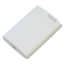 Imagen del Mikrotik PowerBox router Ethernet blanco con alta velocidad, modelo RB750P-PBr2. Ideal para redes rápidas y eficientes.