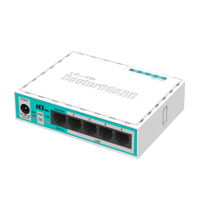 Mikrotik hEX lite router blanco compacto y eficiente Router Mikrotik hEX lite blanco compacto con 5 puertos Ethernet, modelo RB750r2