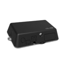 Imagen del punto de acceso inalámbrico Mikrotik RB912R-2ND-LTM&R11E-4G en color negro, con soporte para PoE y velocidad de 100 Mbit/s.