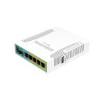 Router Mikrotik modelo hEX PoE en color blanco, con cinco puertos Gigabit Ethernet y un puerto SFP. SKU RB960PGS.