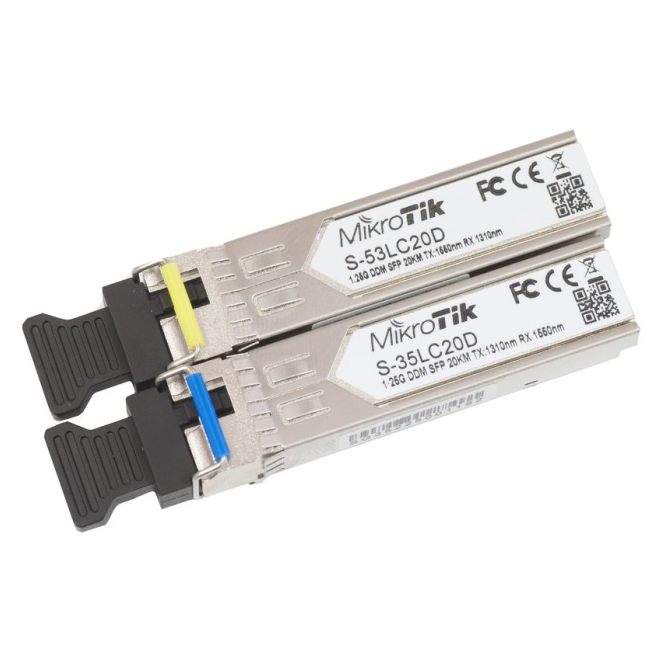 Mikrotik red transceptor SFP 1250 Mbit/s de largo alcance Transceptor óptico Mikrotik S-3553LC20D de 1250 Mbit/s con conexión SFP para redes de largo alcance. SKU S-3553LC20D.