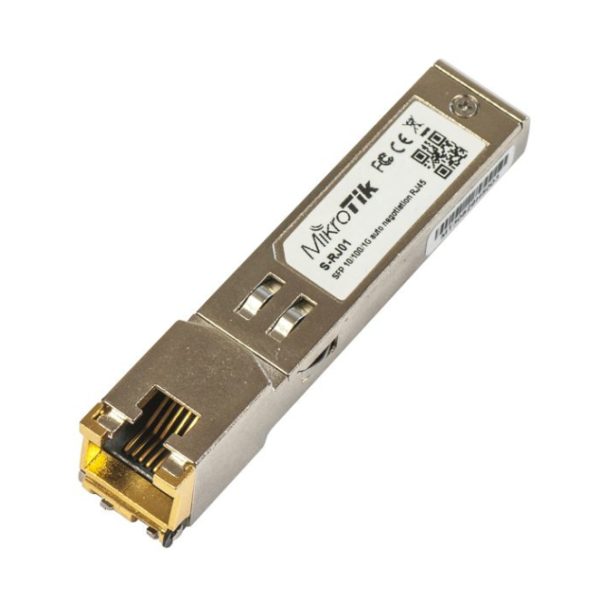 Vista del Mikrotik S-RJ01, un módulo conmutador de red Gigabit Ethernet, SKU S-RJ01, ideal para conexiones rápidas y estables.