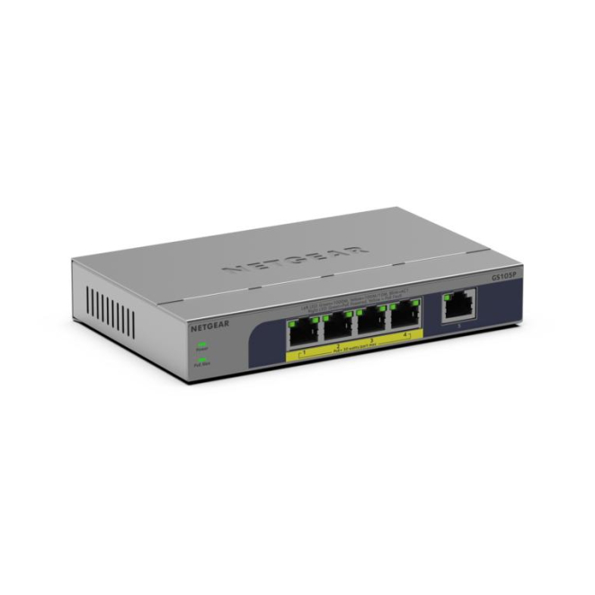 NETGEAR GS105P No administrado Gigabit Ethernet (10/100/1000) Energía sobre Ethernet (PoE) Montaje en pared/escritorio Gris 1 NETGEAR GS105P switch Ethernet PoE
