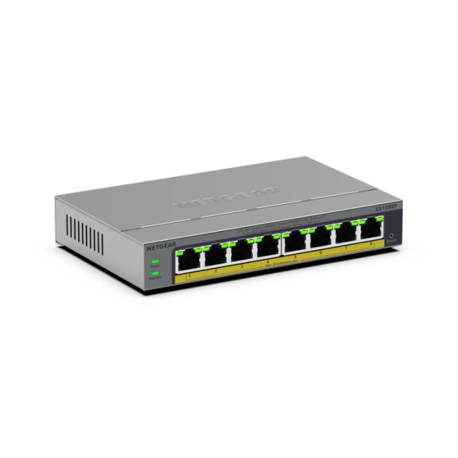 NETGEAR Switch Gestionado GS108EP L2/L3 Gigabit Ethernet Gris Imagen del switch NETGEAR GS108EP, gestionado, con capacidad L2/L3, puertos Gigabit Ethernet 10/100/1000 y color gris. SKU: GS108EP-100EUS.