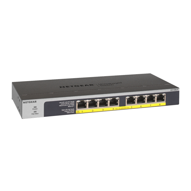 NETGEAR GS108LP No administrado Gigabit Ethernet (10/100/1000) Energía sobre Ethernet (PoE) 1U Negro, Gris 1 NETGEAR GS108LP No administrado Gigabit Ethernet PoE 1U Negro, Gris