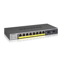 Imagen del switch NETGEAR GS110TP, un dispositivo gestionado L2/L3/L4 con conectividad Gigabit Ethernet (10/100/1000) y soporte PoE, SKU GS110TP-300EUS. Color gris.